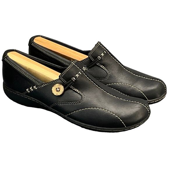 Clarks Un Loop Black Leather Slip On Comfort Loafer Women 8.5 - Picture 1 of 10